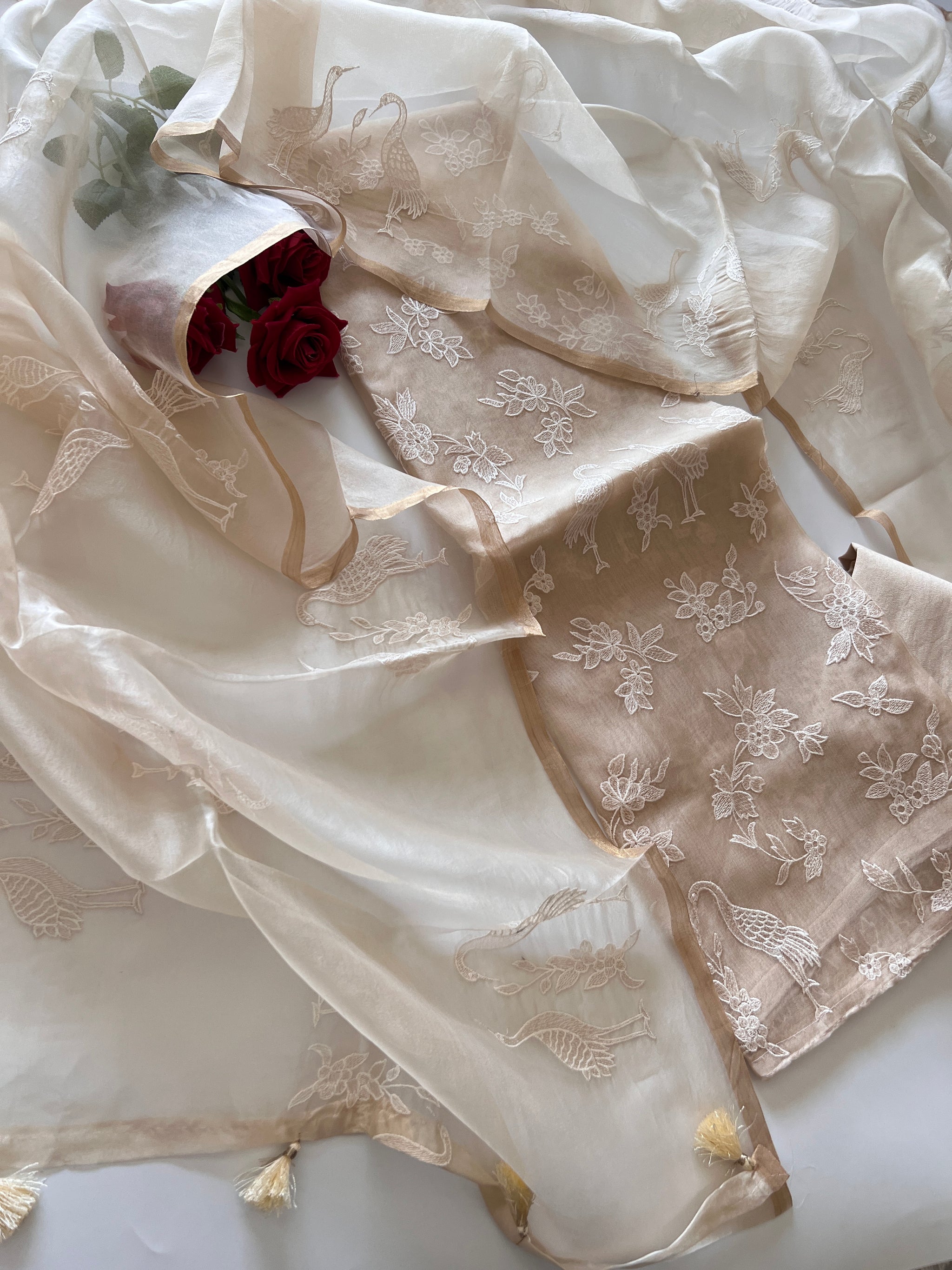 Beige Pure Organza with Swan embroidery Un-stitched Suit set
