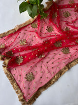 Red Bridal Net dupatta with fringe border