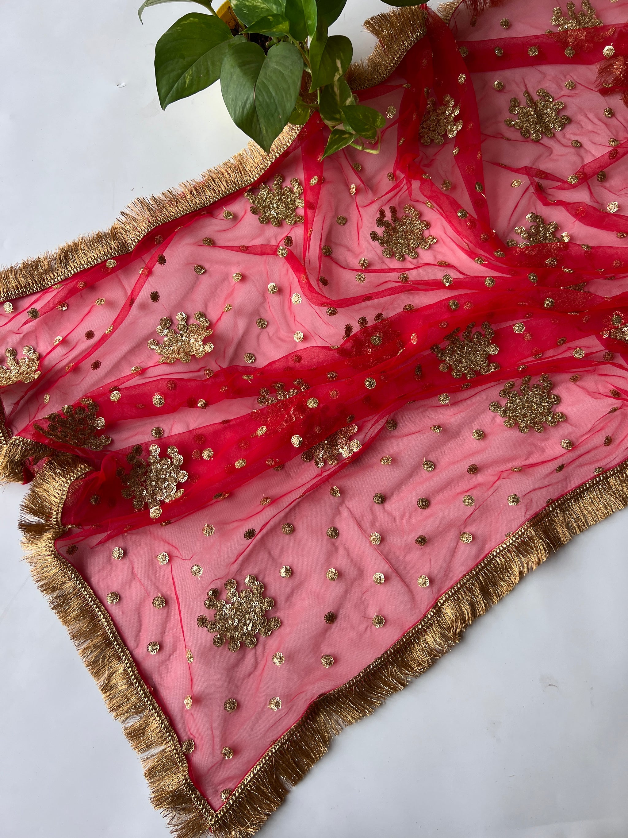 Red Bridal Net dupatta with fringe border