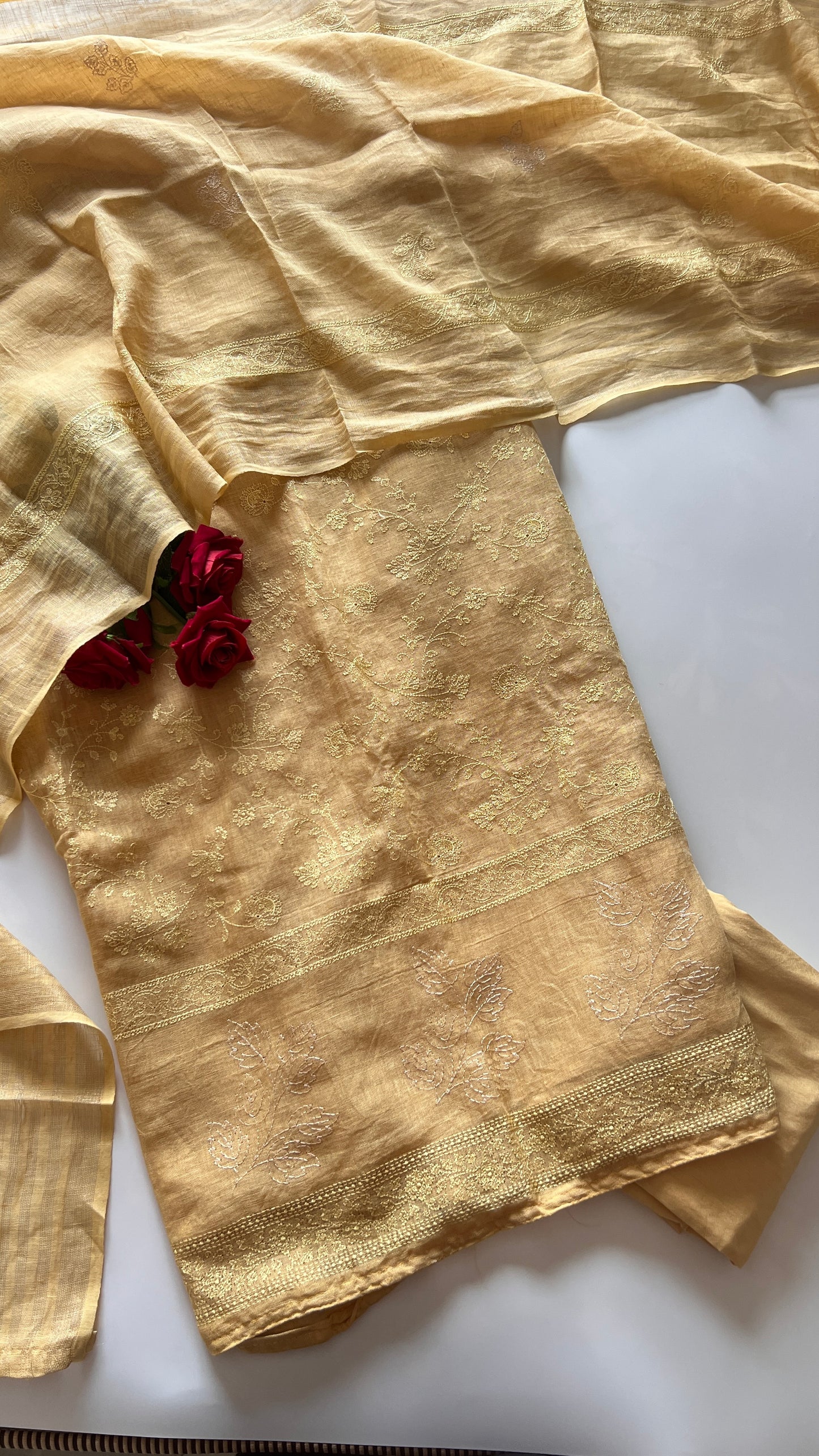 Yellow Pure Linen embroidered premium unstitched dress material