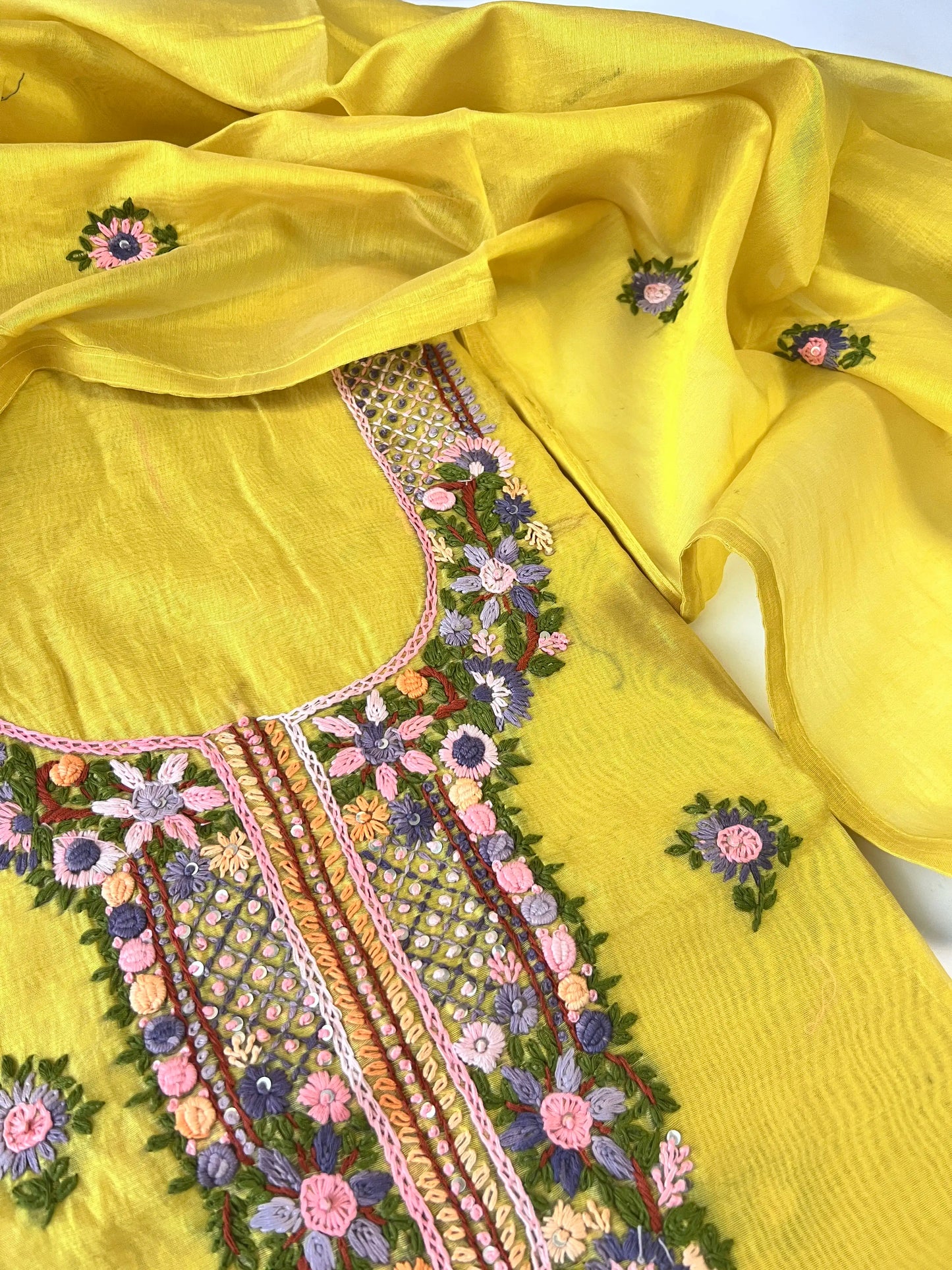 Chanderi knot embroidery Unstitched suit material