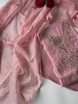 Pastel pink Mul Chanderi dress material with pitta and mukaish work
