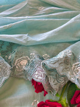 Aqua shade Mul Chanderi Thread embroidered Unstitched Suit