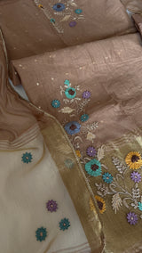 Brown Floral Embroidery tissue Jamdani Dress material