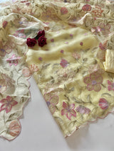 Floral Embroidery on Pure Silk Organza premium unstitched dress material in Pastel Yellow