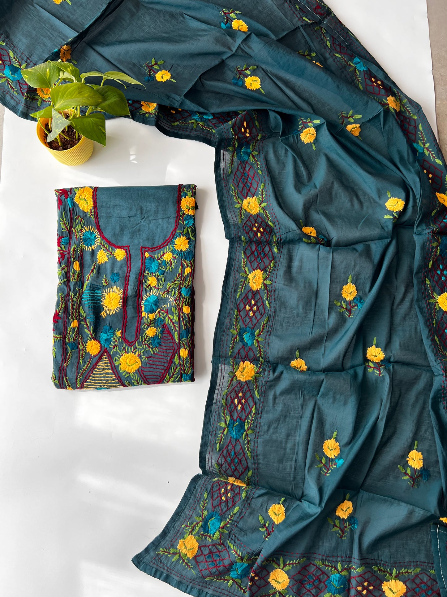 Peacock color Chanderi Phulkari embroidery Unstitched suit material