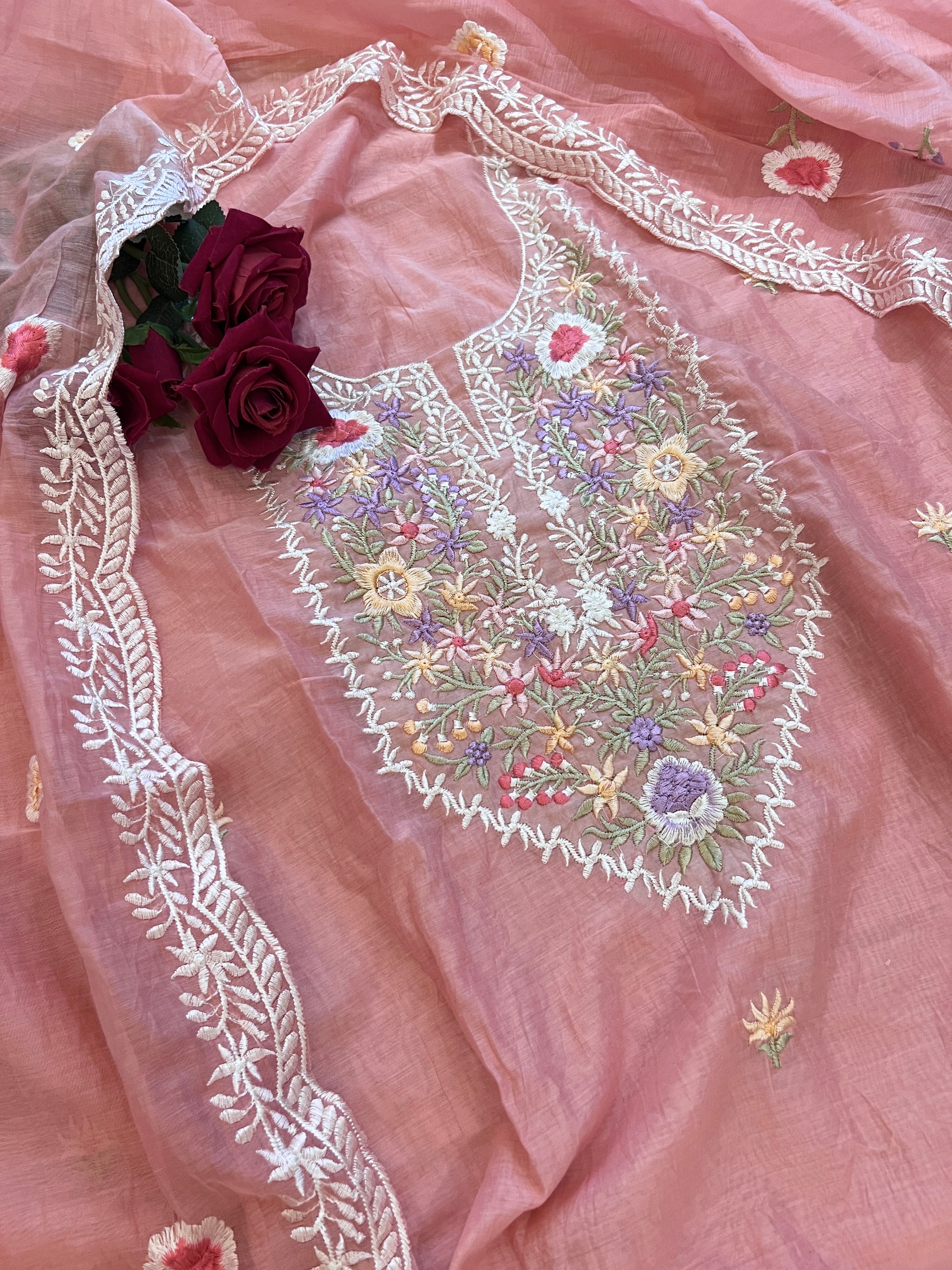 Pink Mul Chanderi Thread embroidered Unstitched Suit