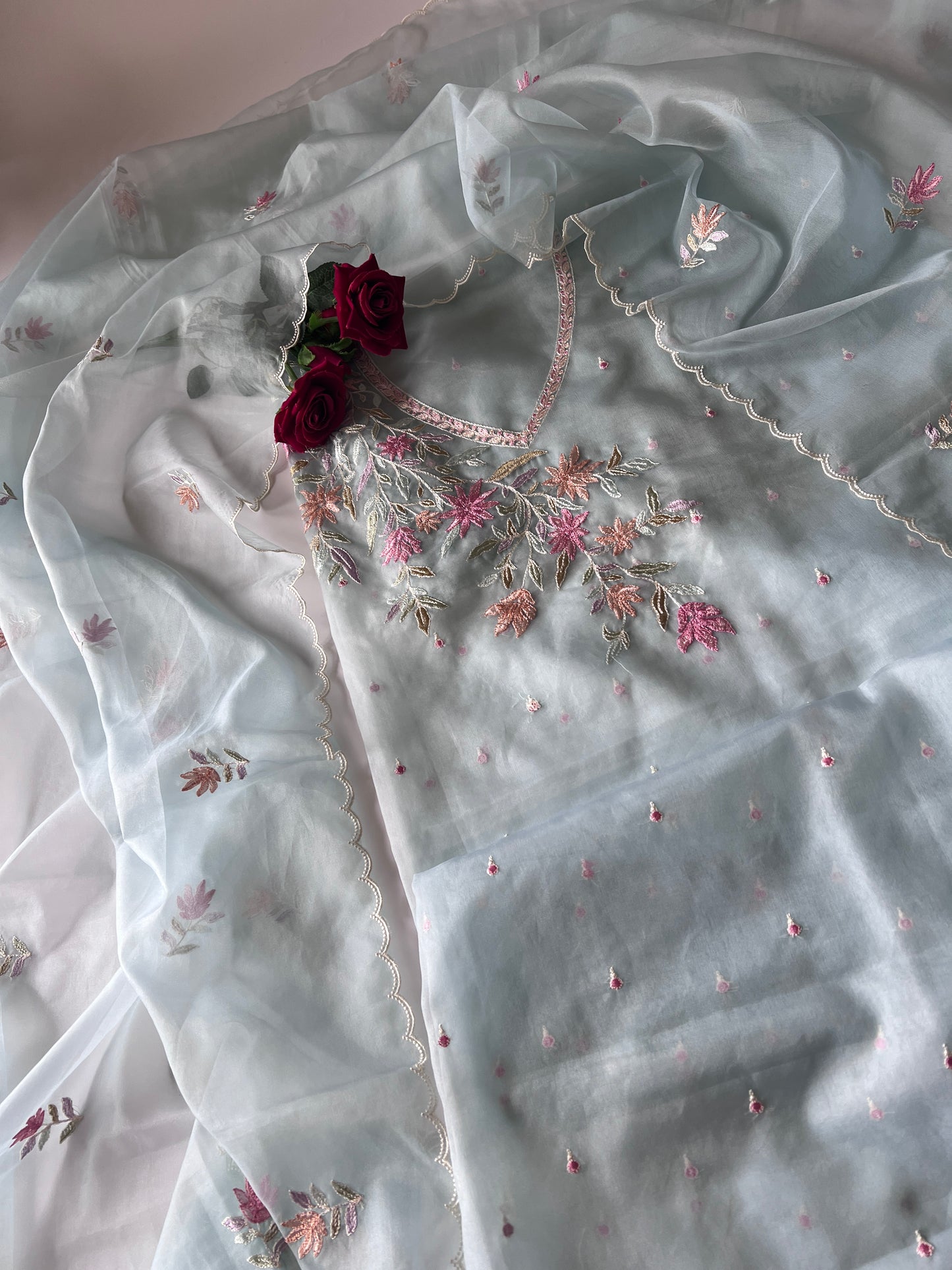 Blue thread Embroidery unstitched suit