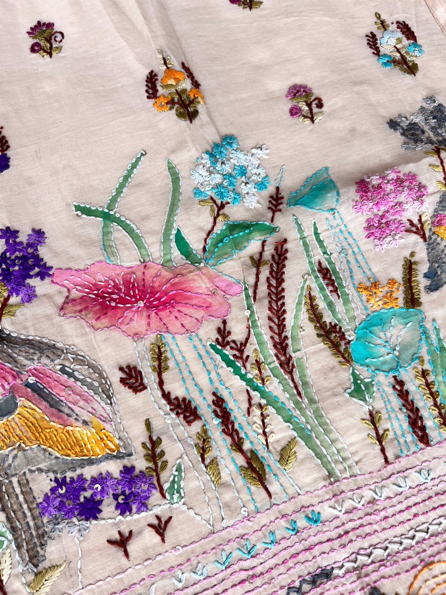 Cream bullion knot embroidery and paint Unstitched suit material