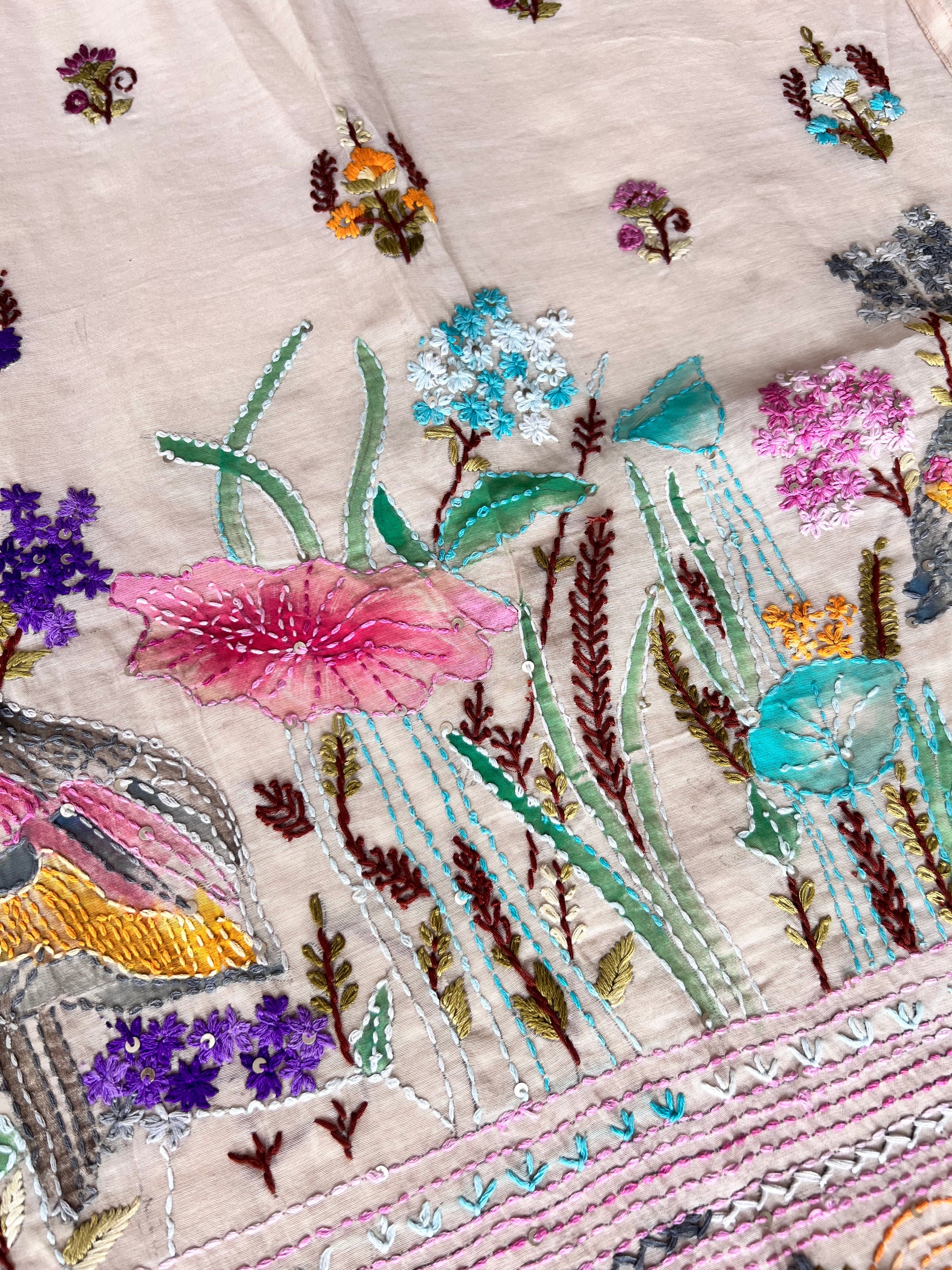 Cream bullion knot embroidery and paint Unstitched suit material