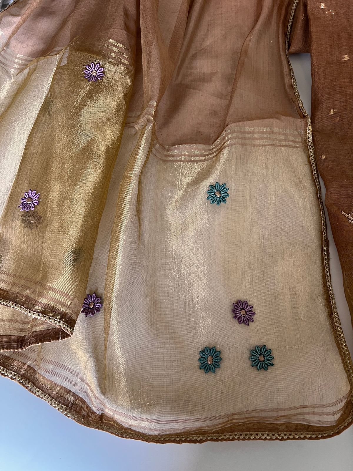 Brown Floral Embroidery tissue Jamdani Dress material