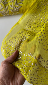 Green Mul Chanderi dress material with pitta and mukaish work