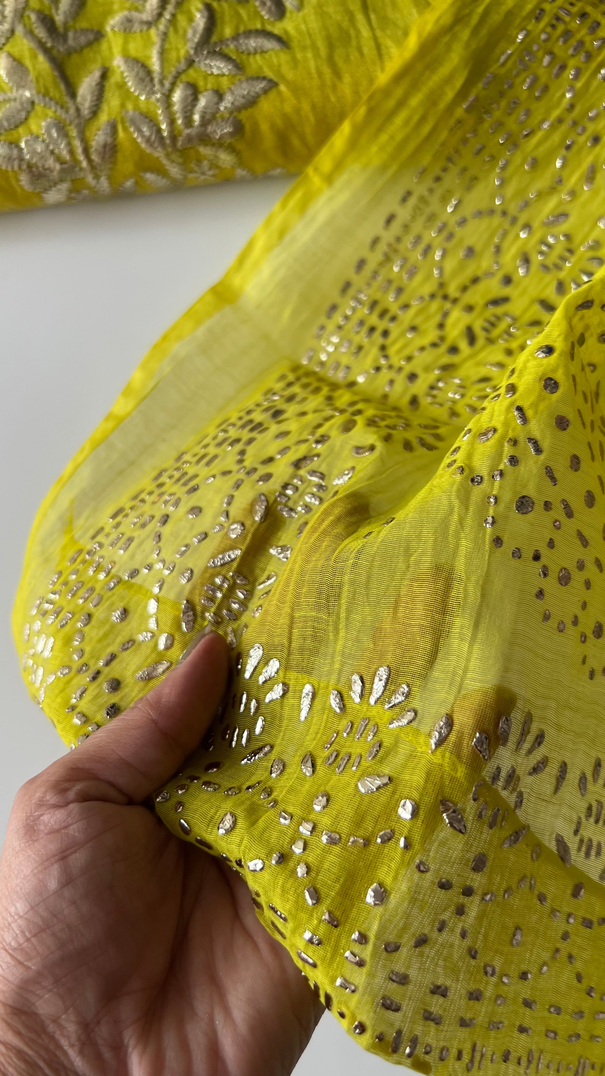 Green Mul Chanderi dress material with pitta and mukaish work