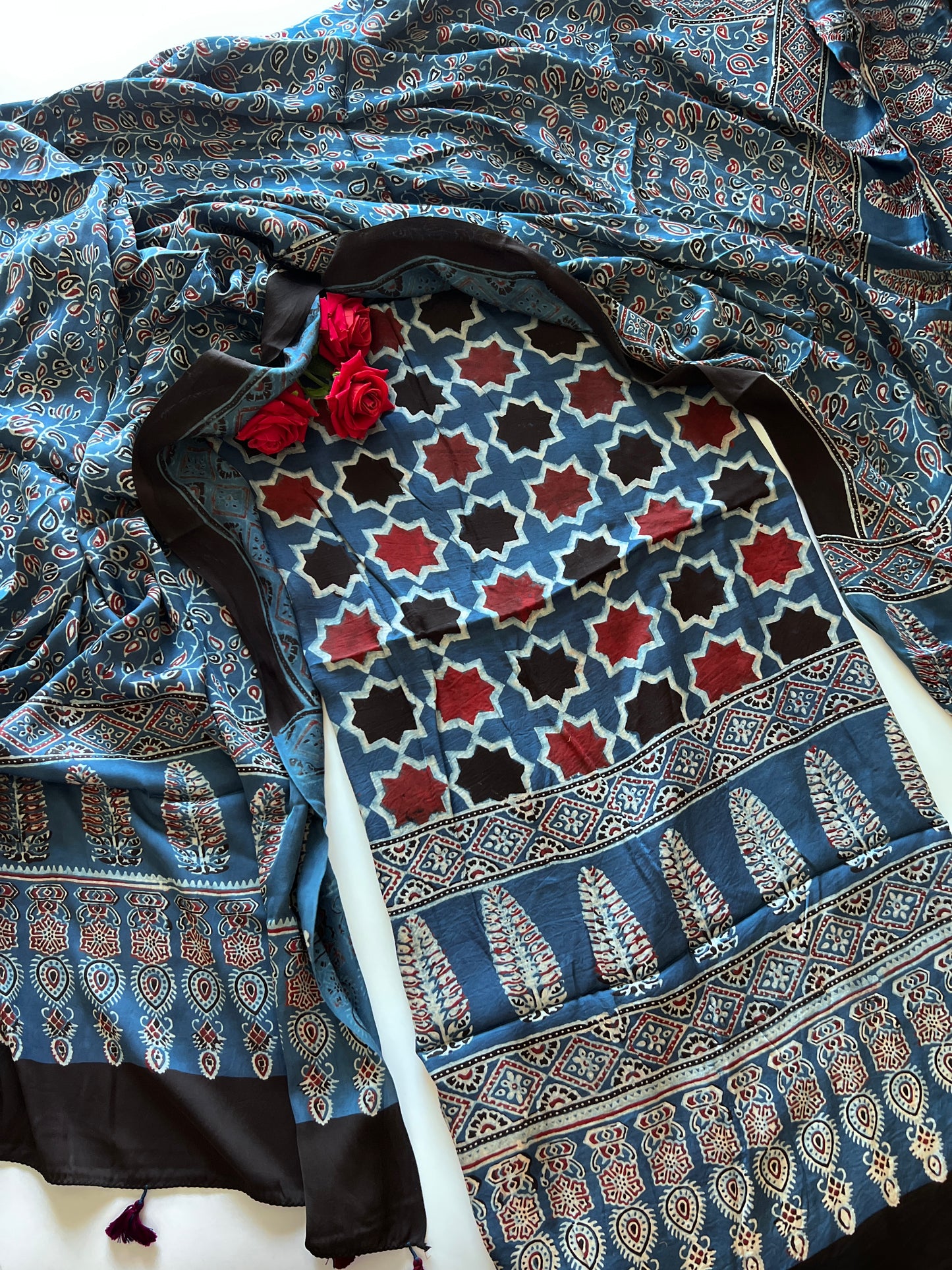 Blue Original Handblock Ajrakh print on Modal fabric Unstitched suit set