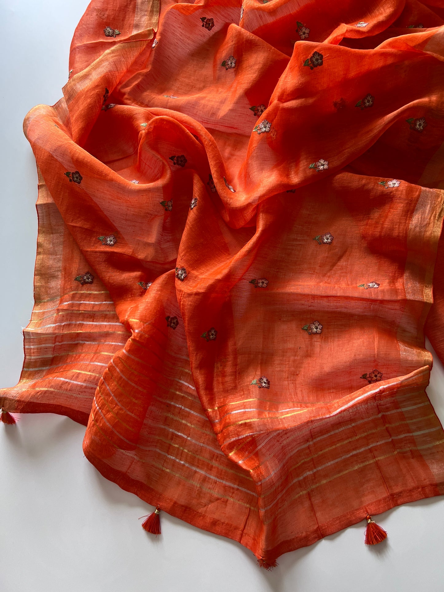 Orange Pure Silk Linen embroidered premium unstitched dress material