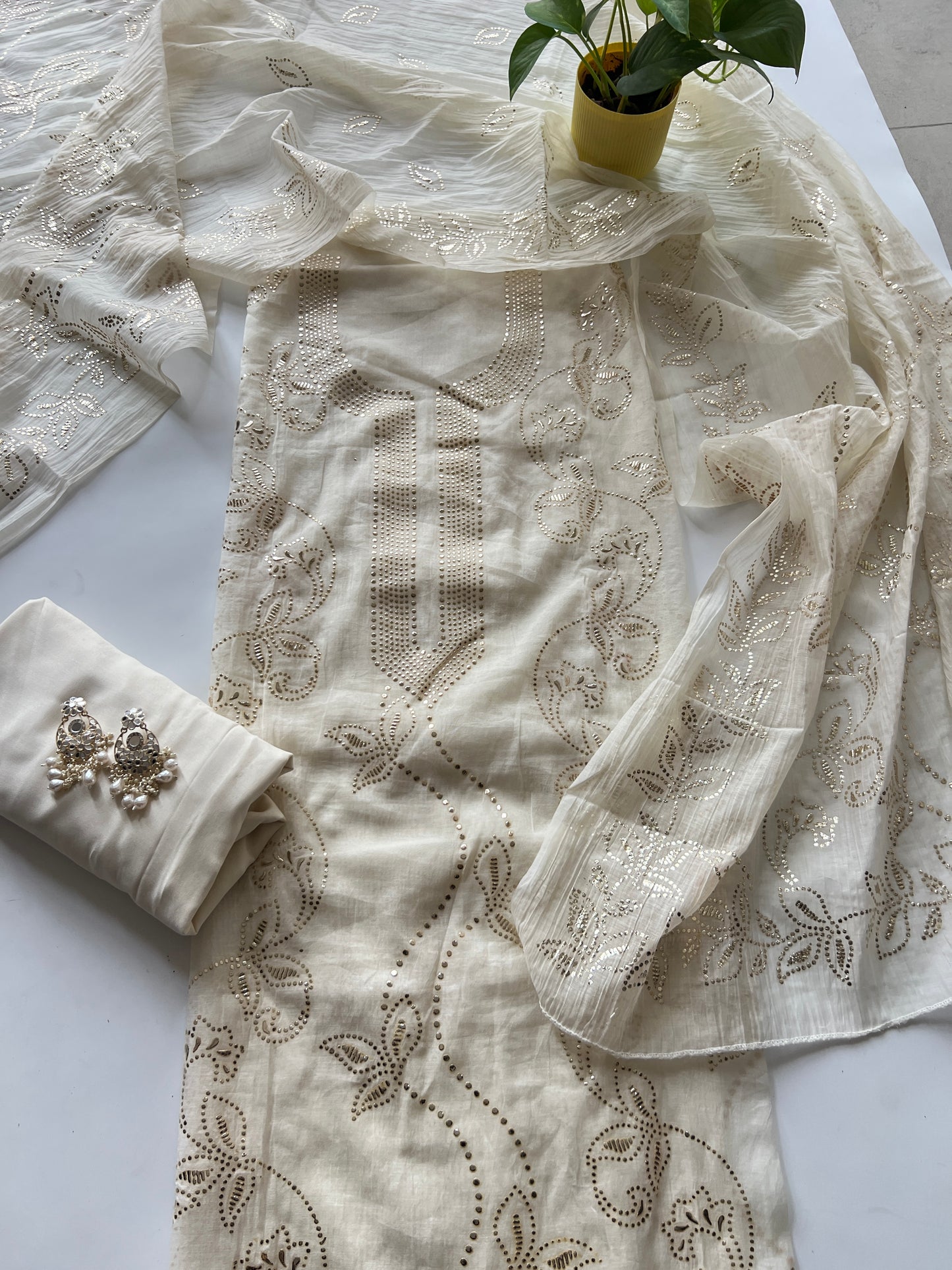 Cream Mul Chanderi dress material with mukaish