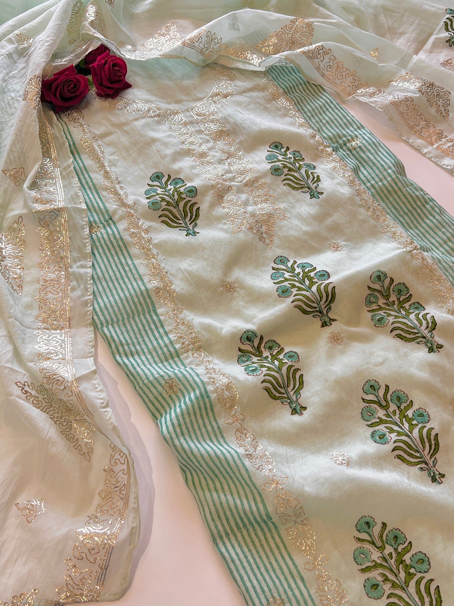 Blue Block print and pitta work on Mul Chanderi dunstitched Suit set