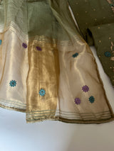 Olive Green Floral Embroidery tissue Jamdani Dress material