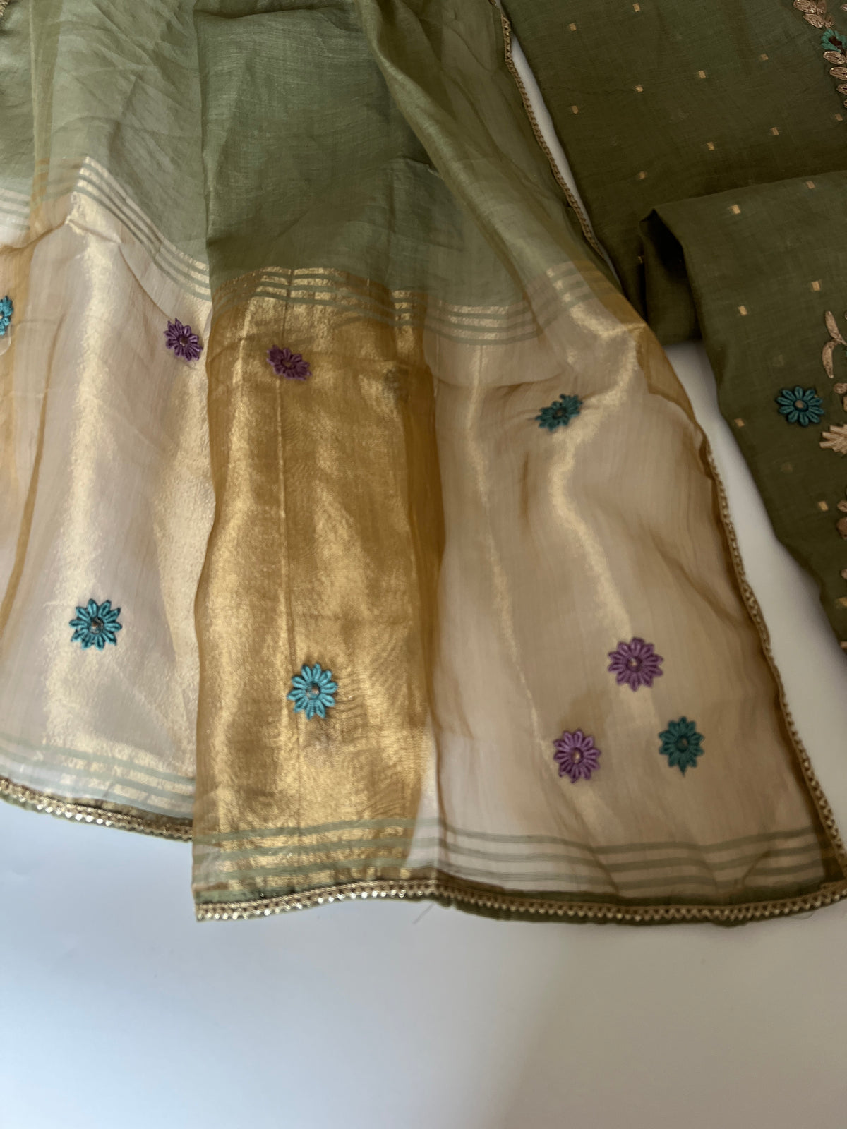 Olive Green Floral Embroidery tissue Jamdani Dress material