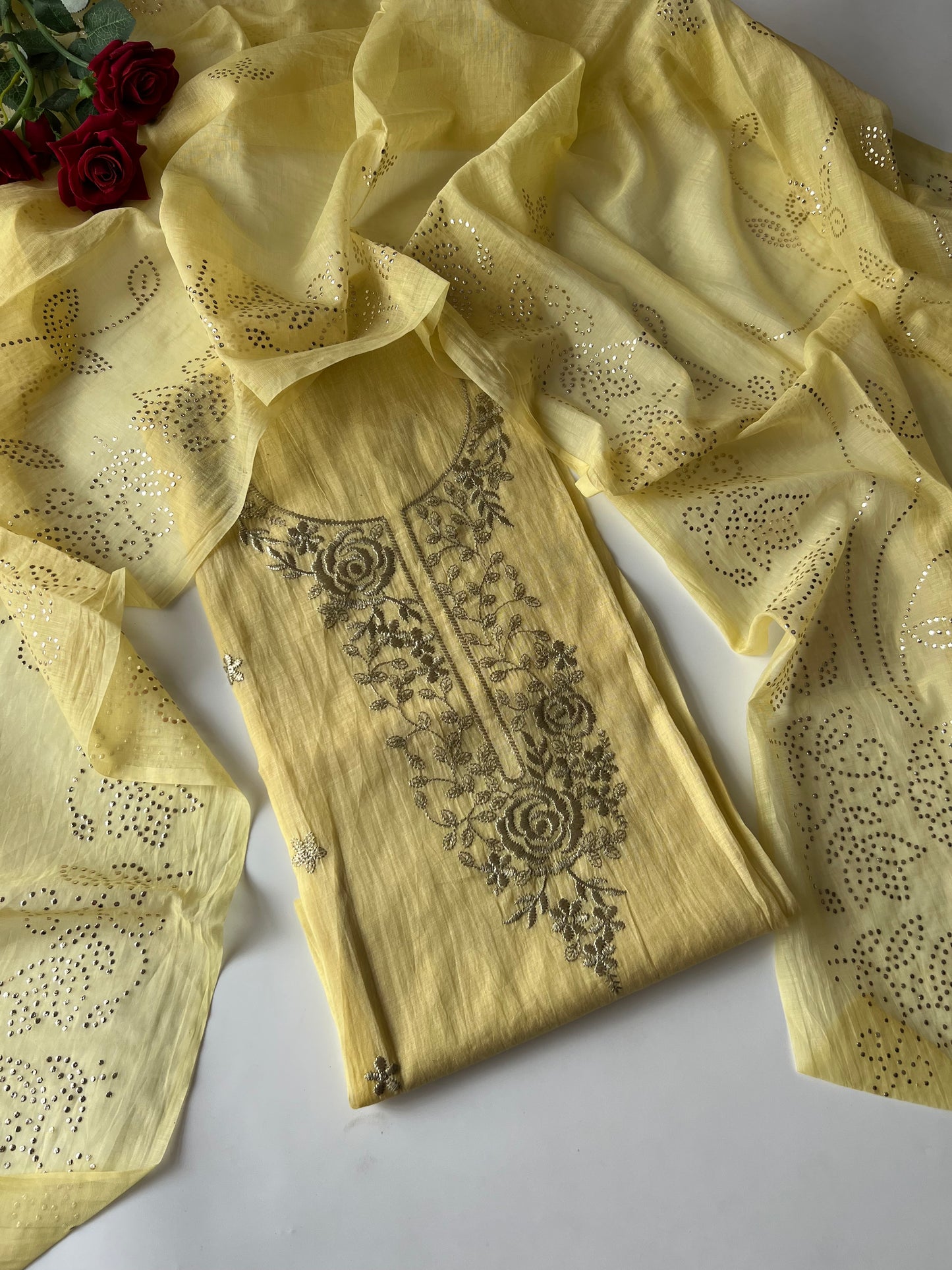 Pastel Yellow Mul Chanderi dress material with pitta and mukaish work
