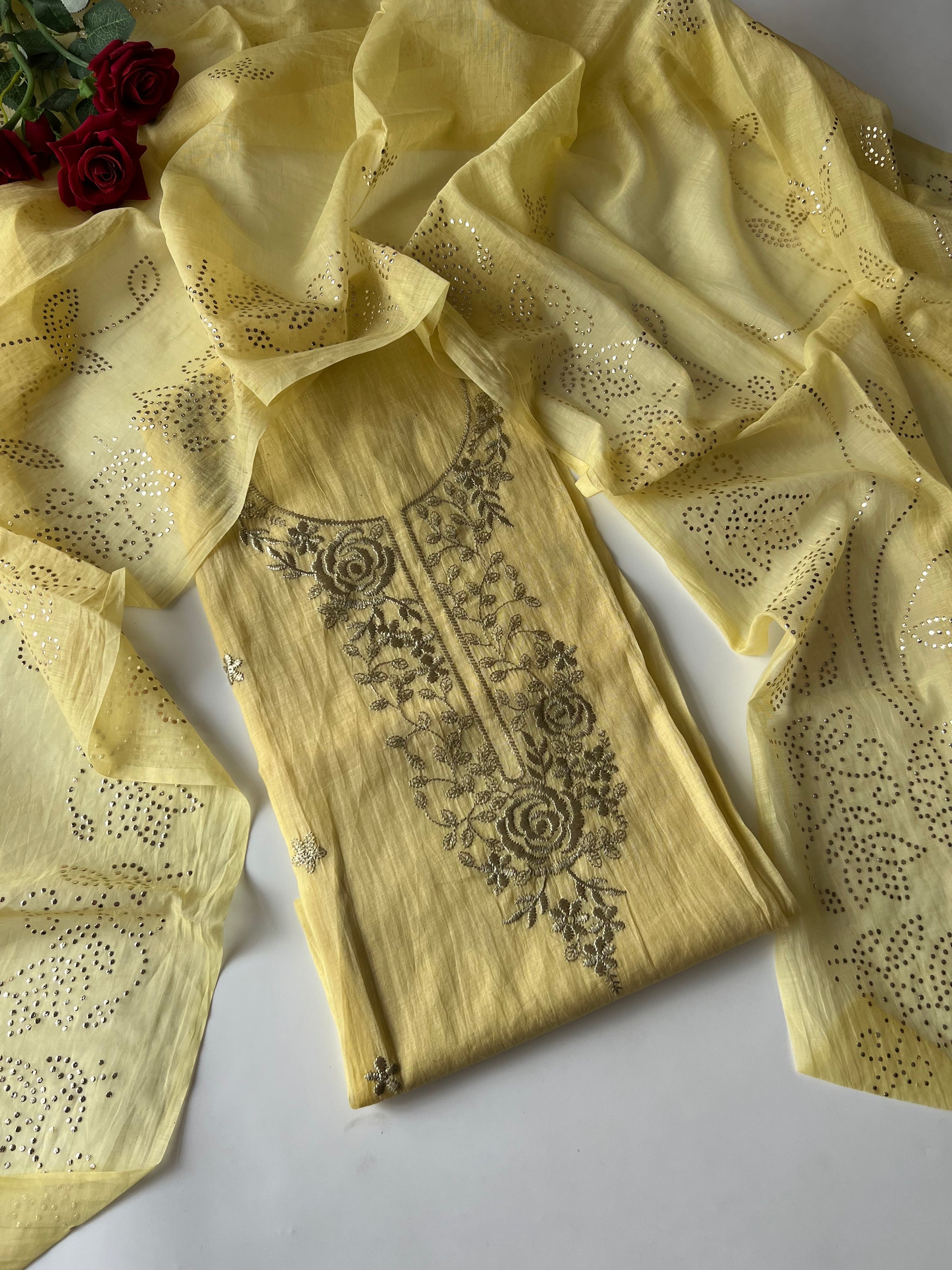 Pastel Yellow Mul Chanderi dress material with pitta and mukaish work