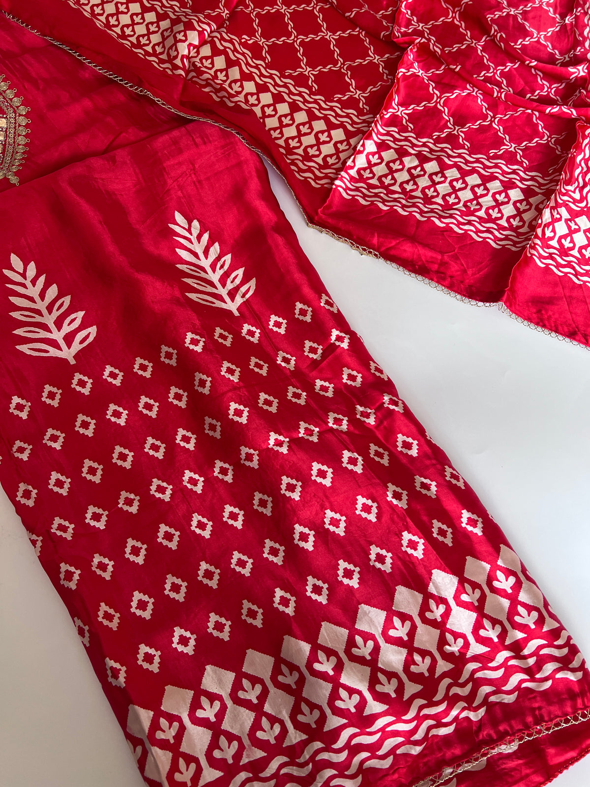 Red Gajji Silk With gotta work neck Unstitched suit