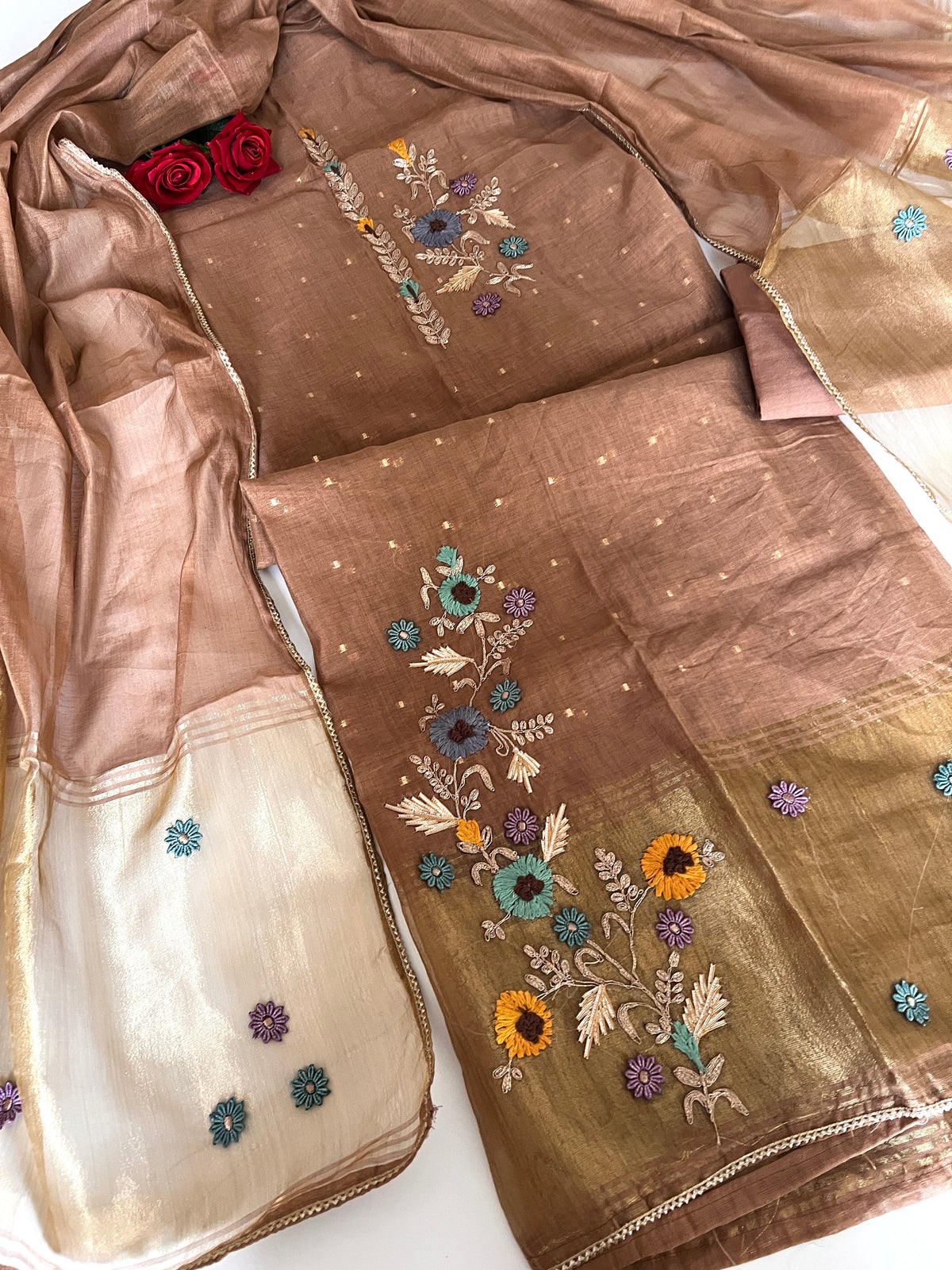 Brown Floral Embroidery tissue Jamdani Dress material