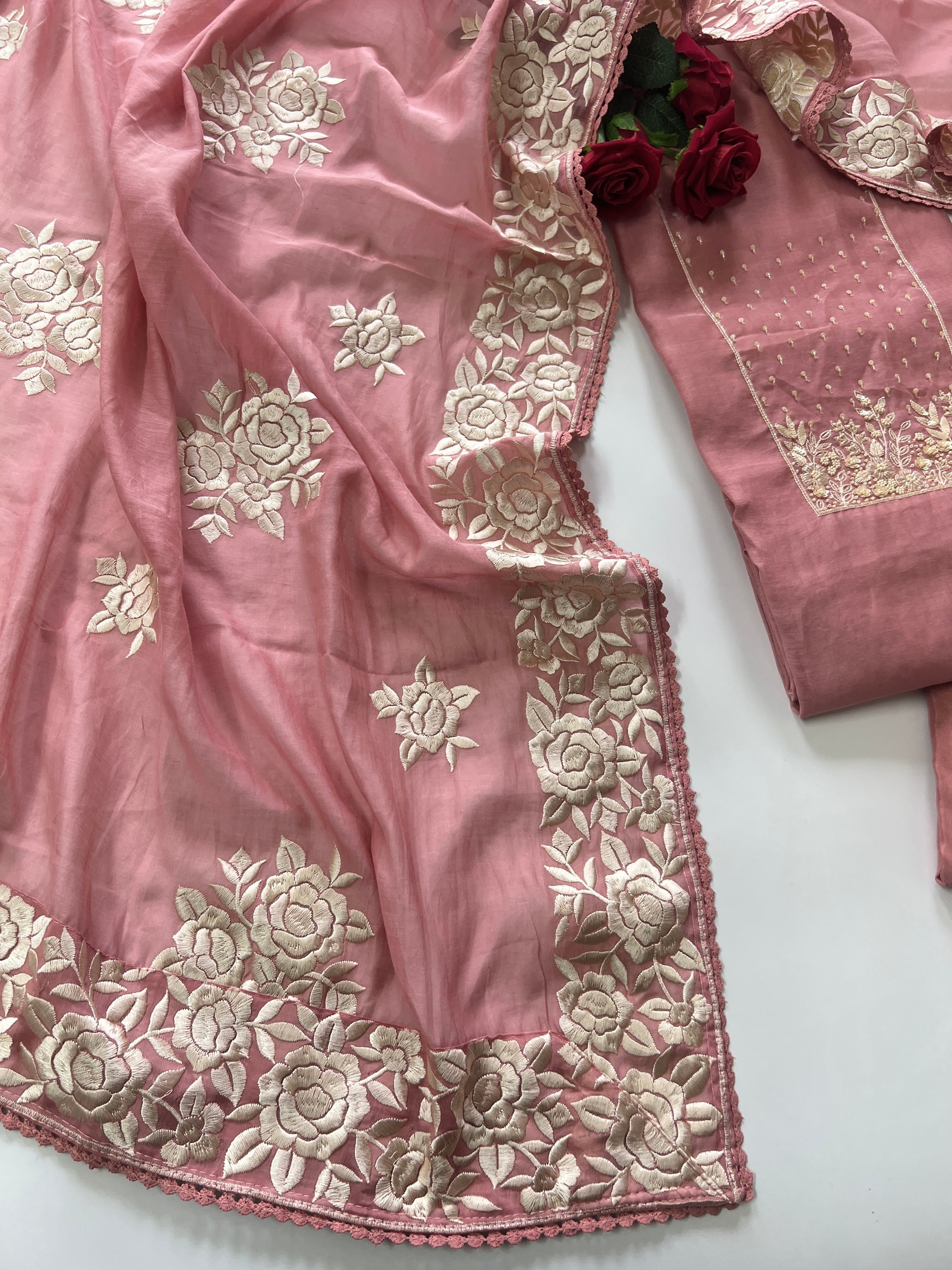 Mul Chanderi Handwork with Parsi dupatta Unstitched Suit set