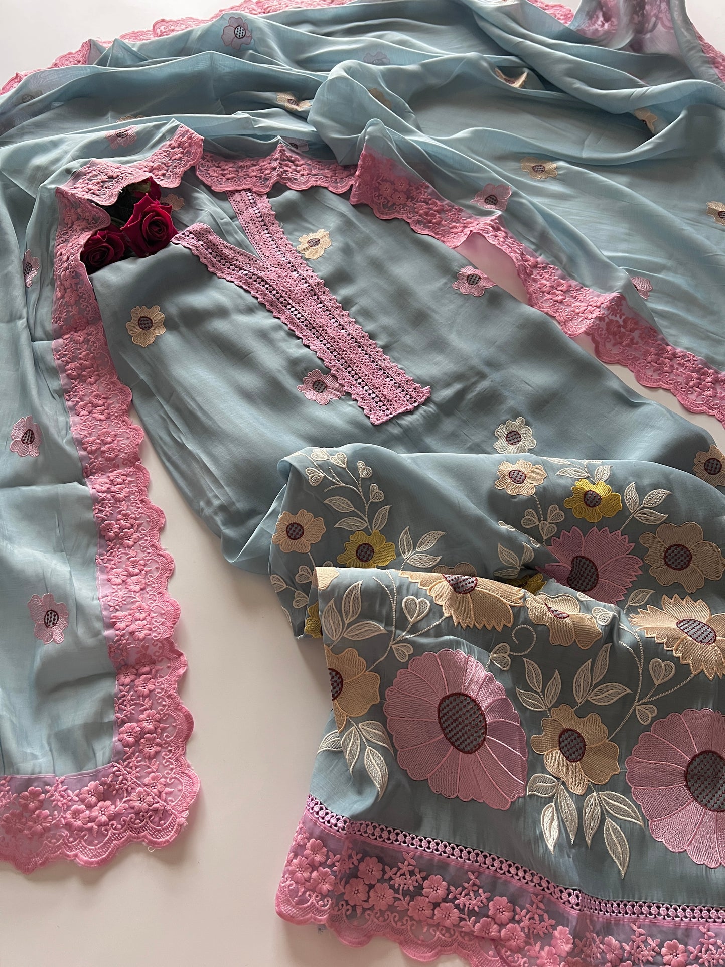 Blue Sunflower Embroidery Mul Masleen Dress material