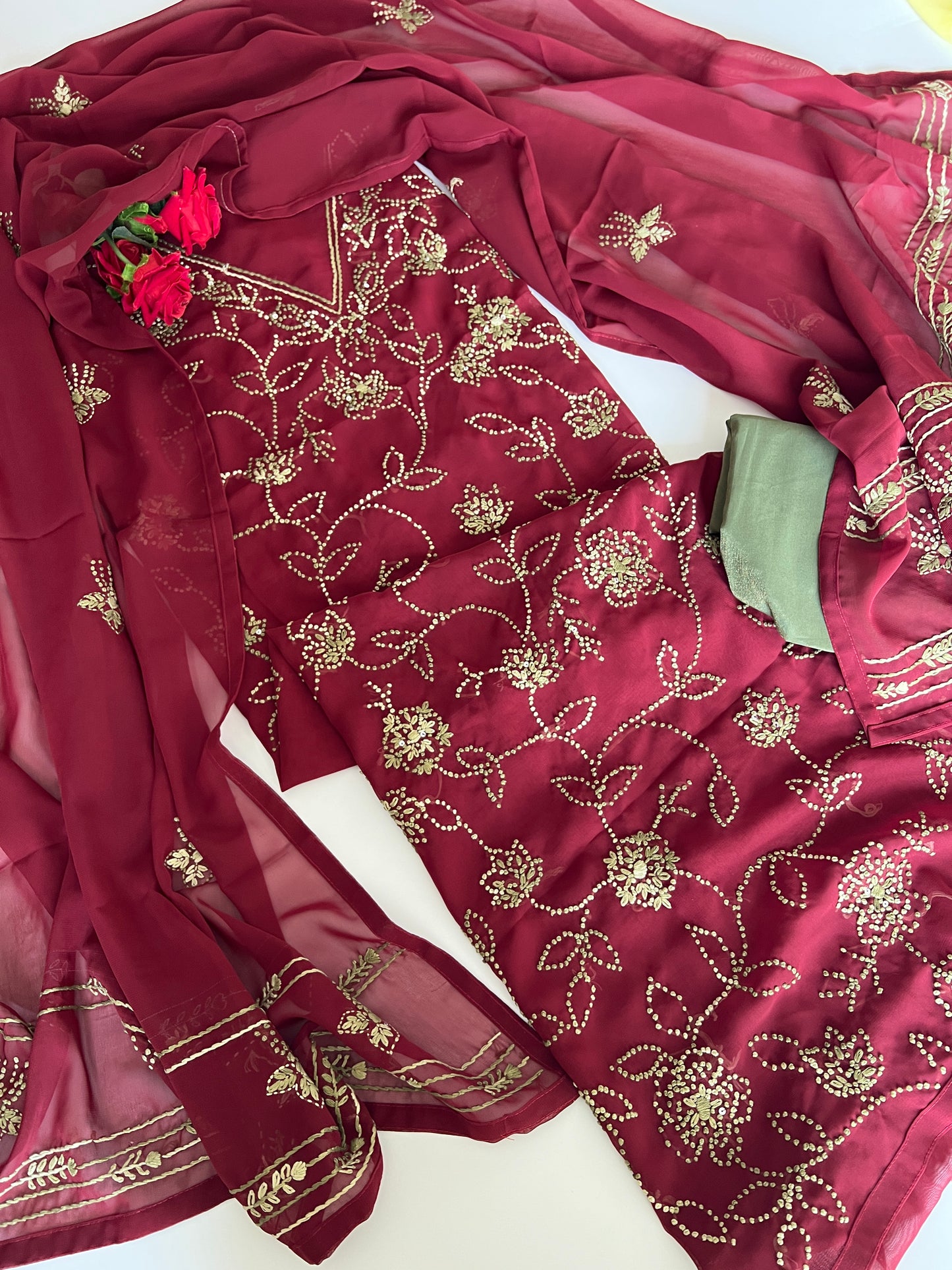 Maroon Georgette Knot Embroidery Unstitched suit set 3 pc