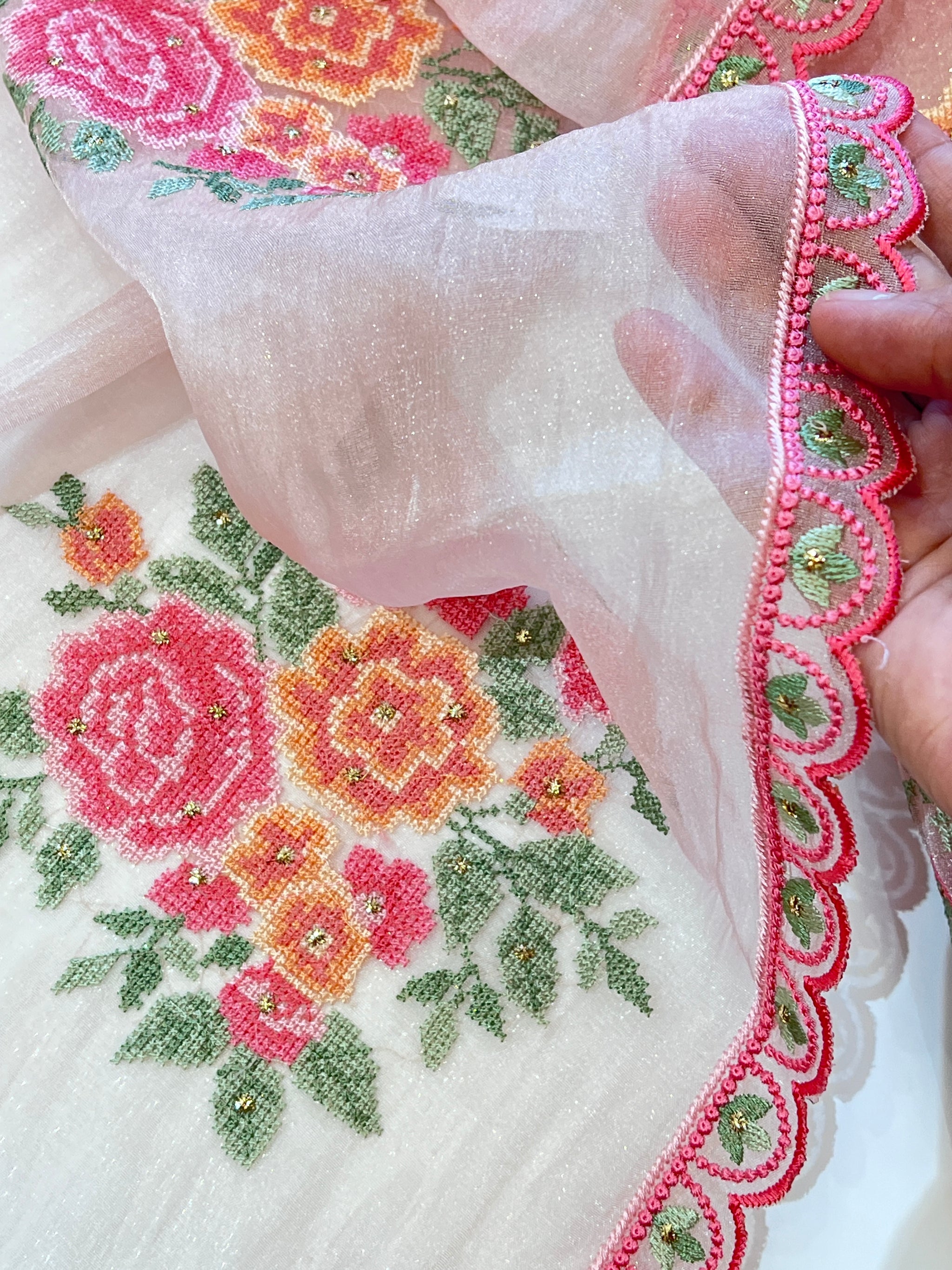 Peach Glass tissue with floral cross stitch embroidery dress material