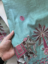Blue green Cotton Jamdani work dress material unstitched Suit set