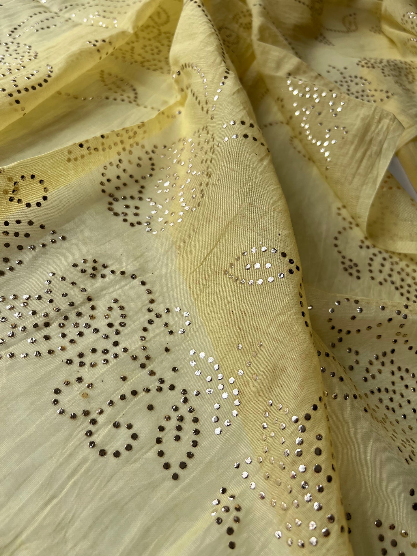Pastel Yellow Mul Chanderi dress material with pitta and mukaish work