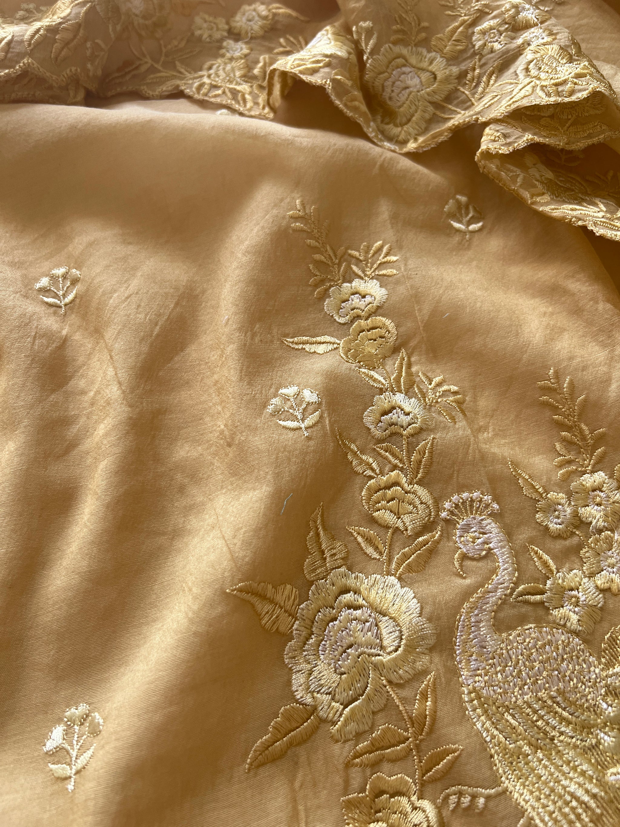 Yellow Mul Chanderi Thread embroidered Unstitched Suit
