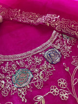 Pure Silk Organza Full embroidered premium unstitched suit in Hot Pink