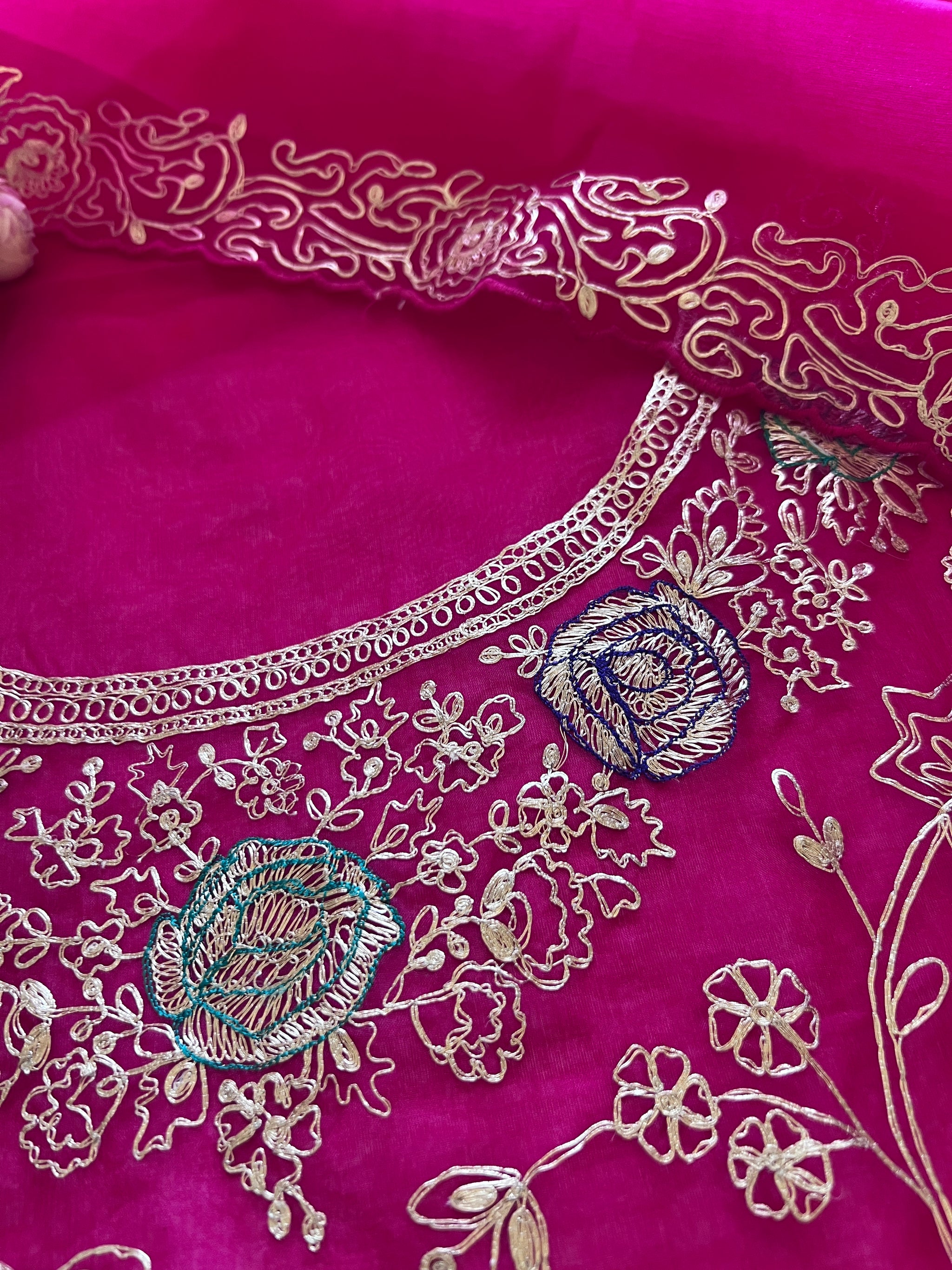 Pure Silk Organza Full embroidered premium unstitched suit in Hot Pink