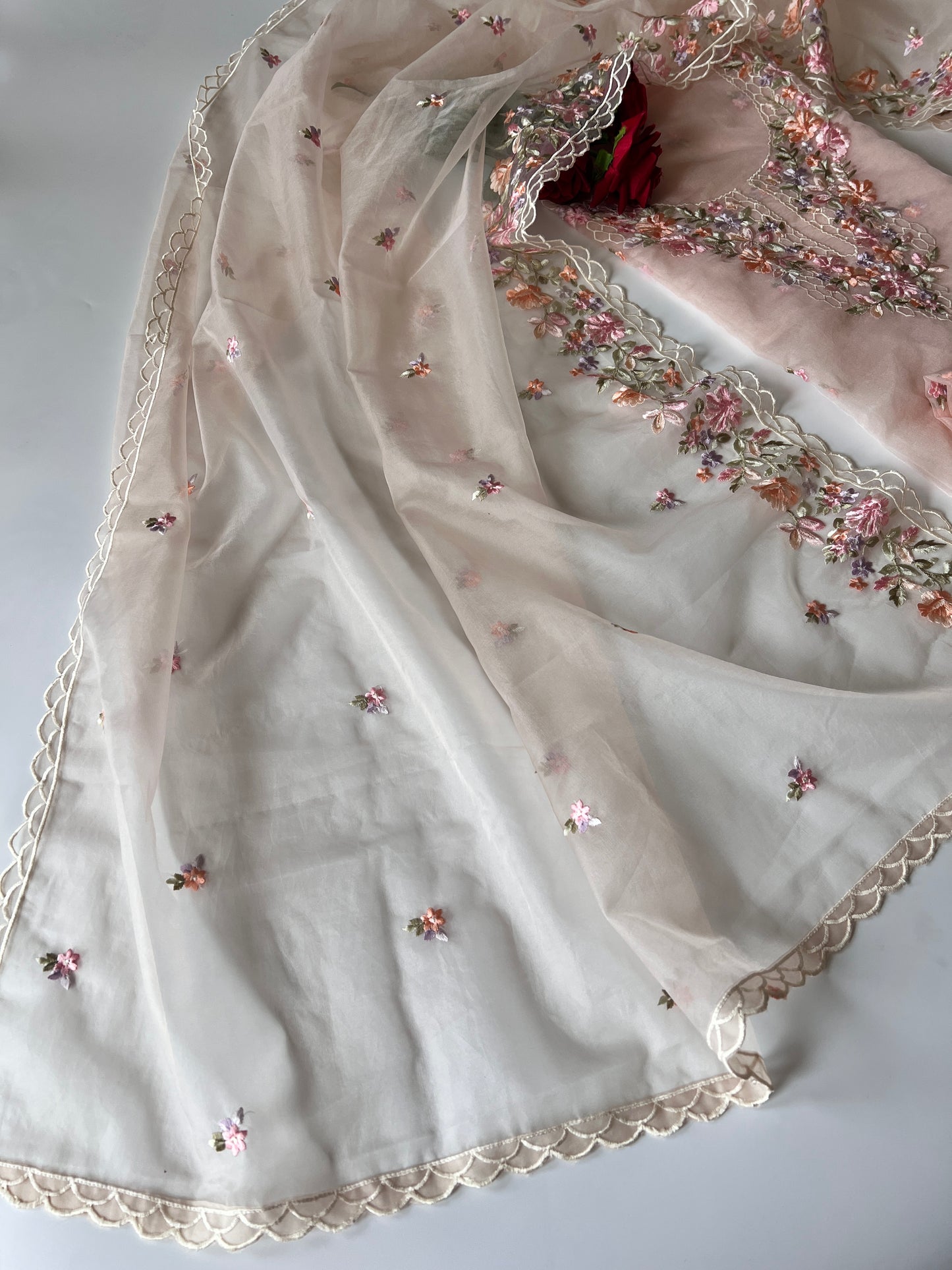 Peach thread Embroidery unstitched suit