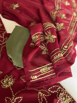 Maroon Georgette Knot Embroidery Unstitched suit set 3 pc
