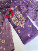 Purple Mul chanderi full embroidery dupatta thread work unstitched suit
