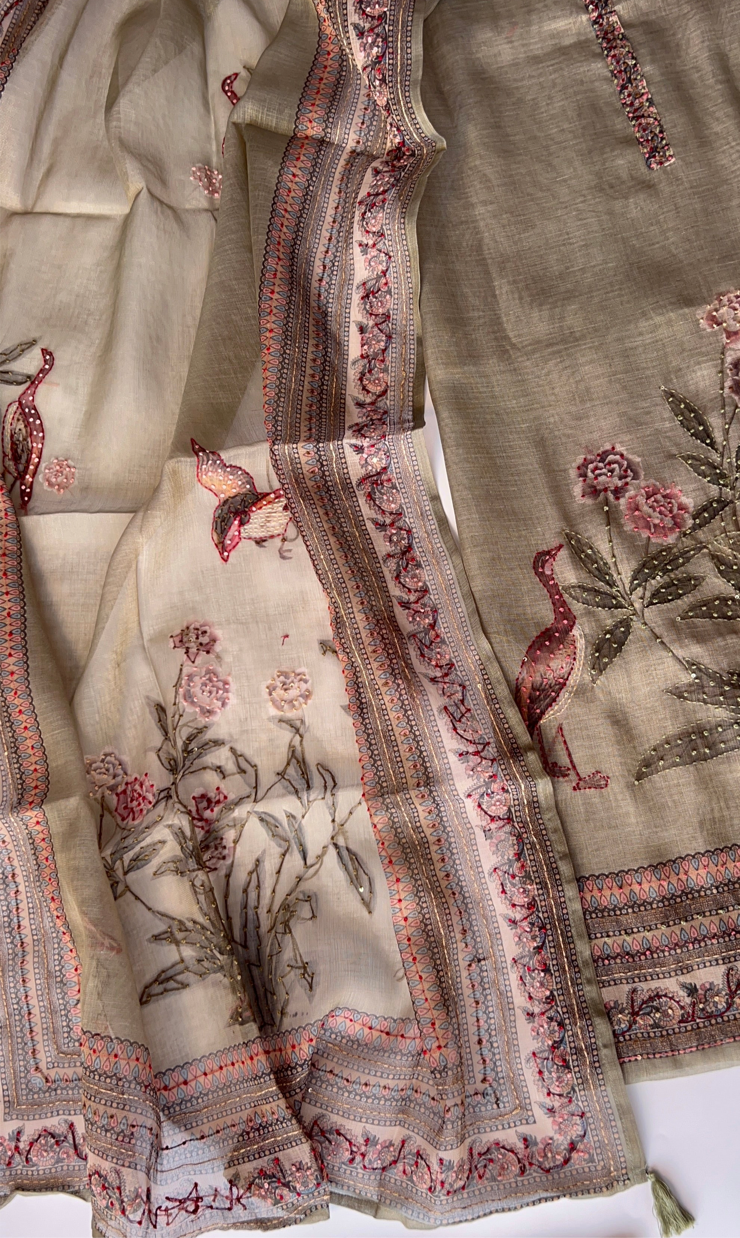 Shimmer Linen Unstitched Salwar Suit with Knot Embroidery and Bird Floral Print