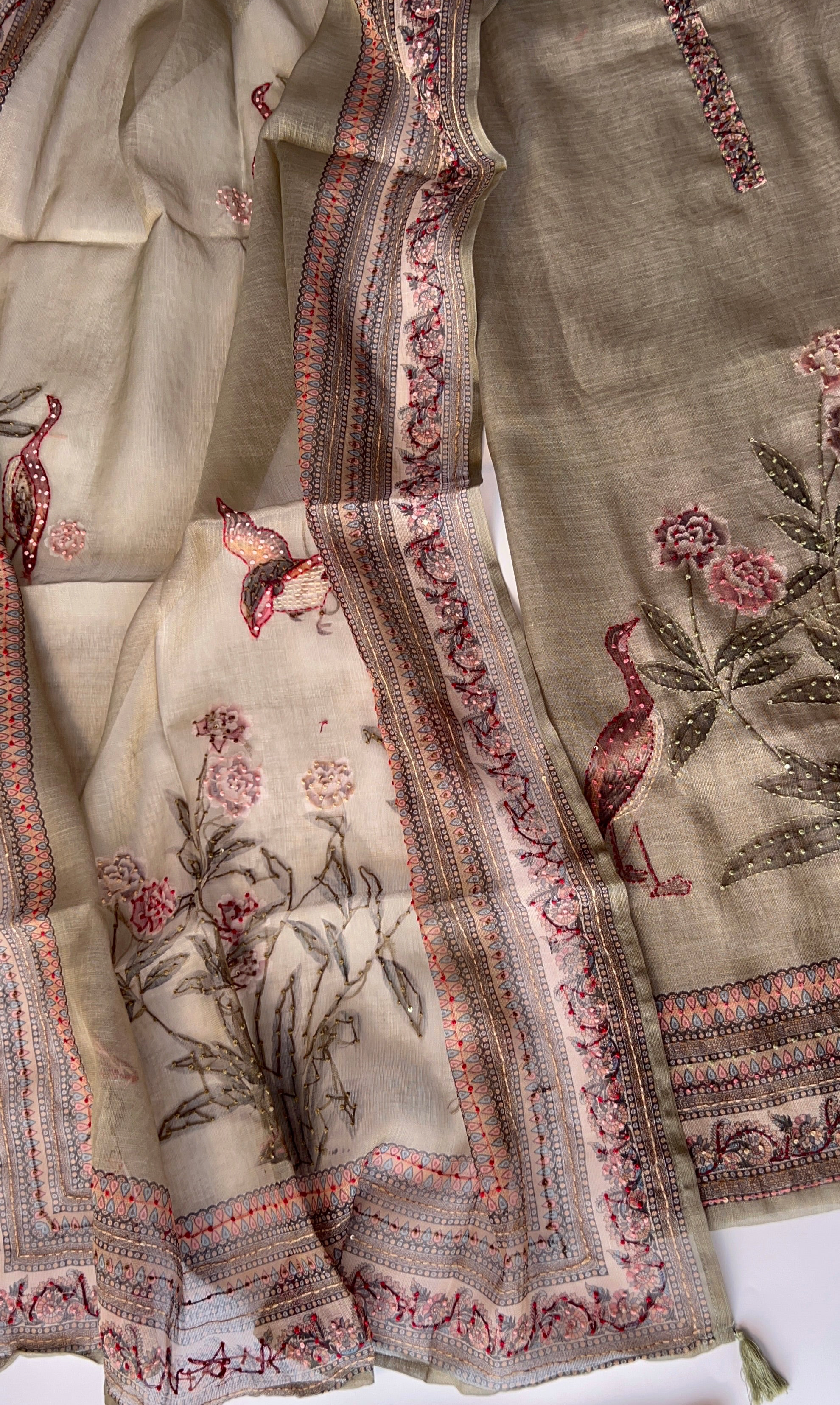 Shimmer Linen Unstitched Salwar Suit with Knot Embroidery and Bird Floral Print