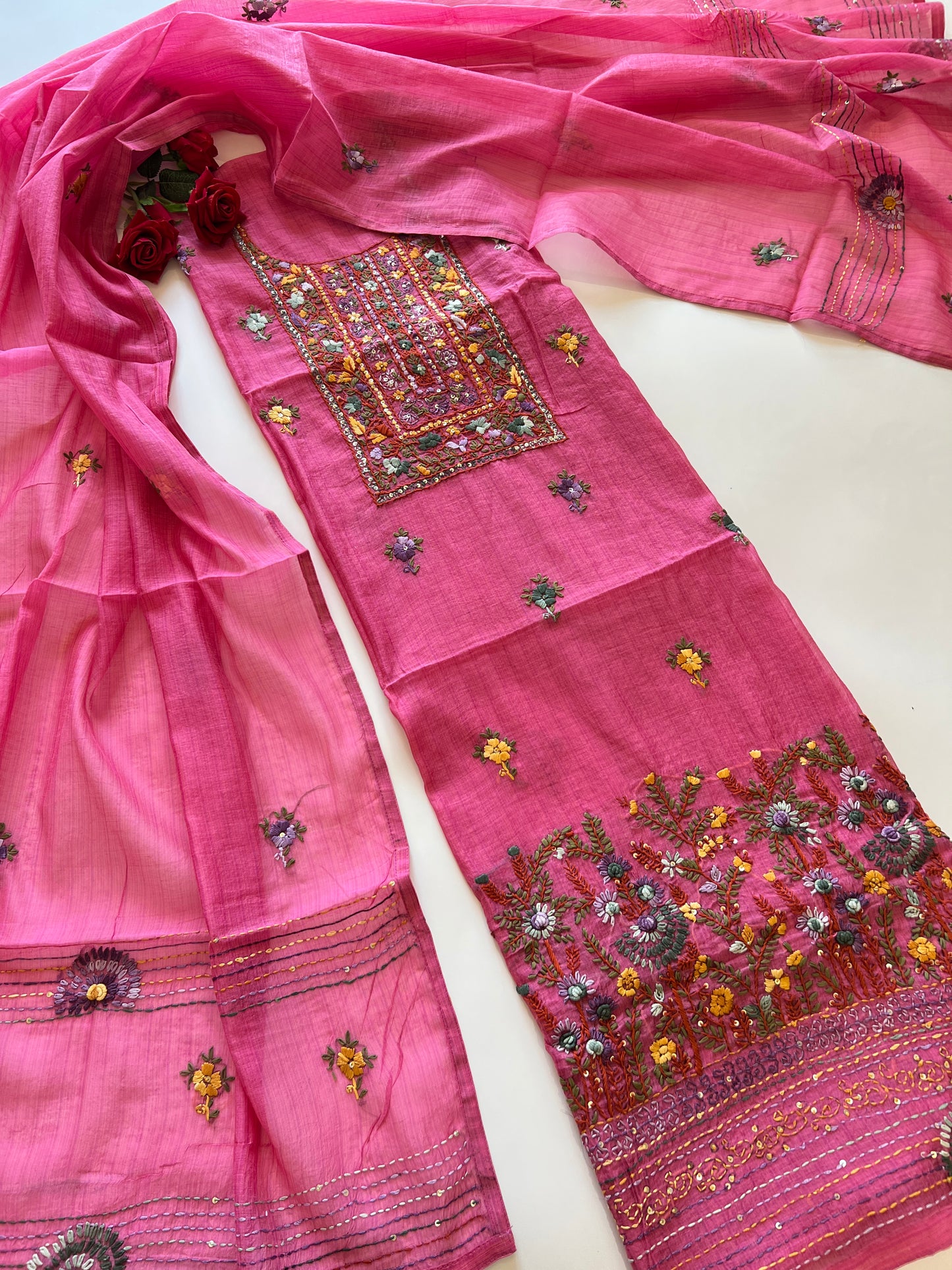 Pink Knot embroidery Unstitched suit material 2 pc