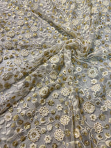 Dyeable net sequin flower embroidered fabric for lehengas, kurtas.
