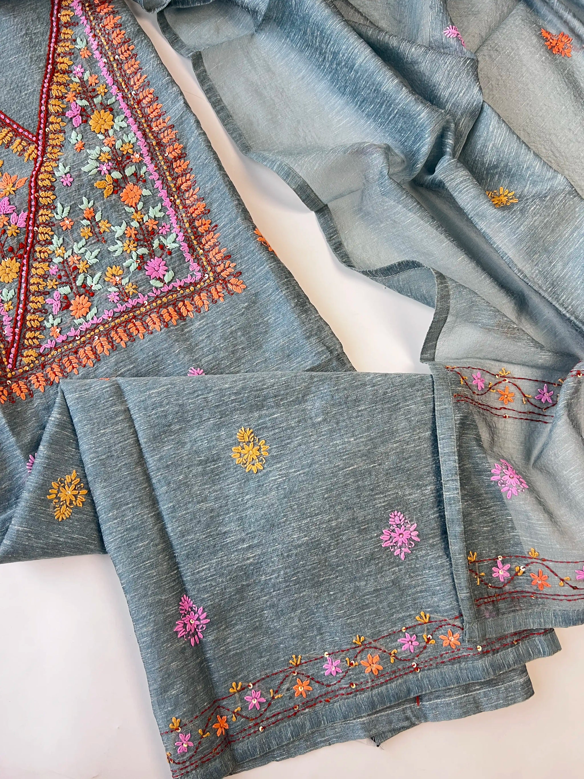 Chanderi knot embroidery Unstitched suit material