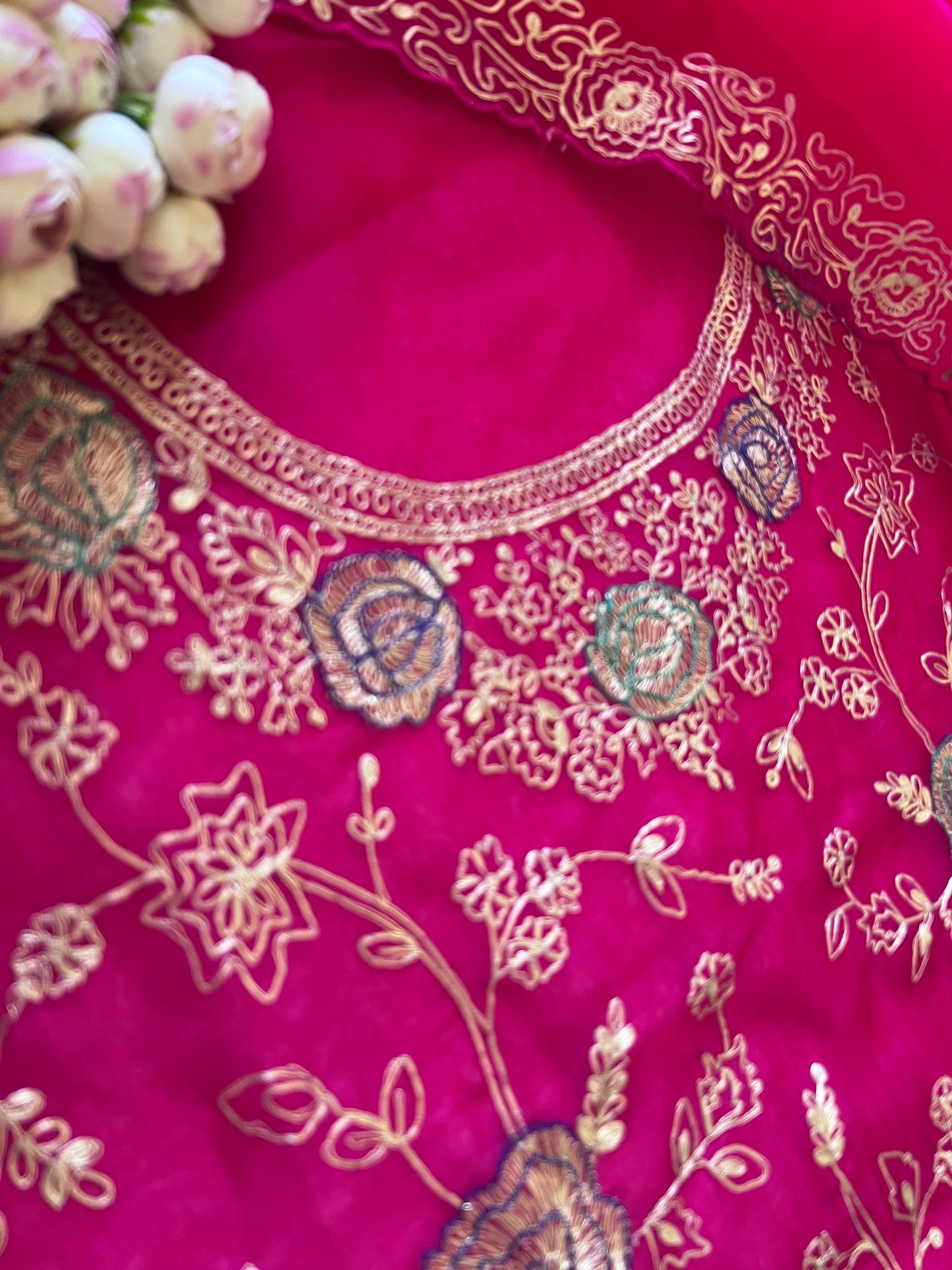 Pure Silk Organza Full embroidered premium unstitched suit in Hot Pink