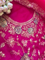 Pure Silk Organza Full embroidered premium unstitched suit in Hot Pink