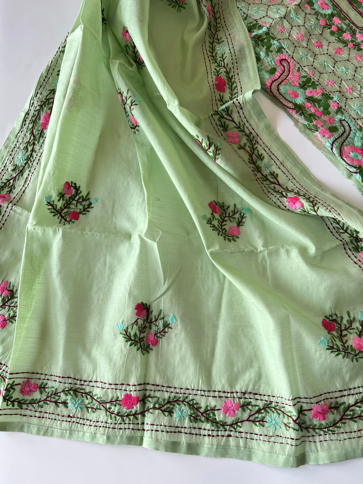 Pista green Phulkari embroidery Unstitched suit material