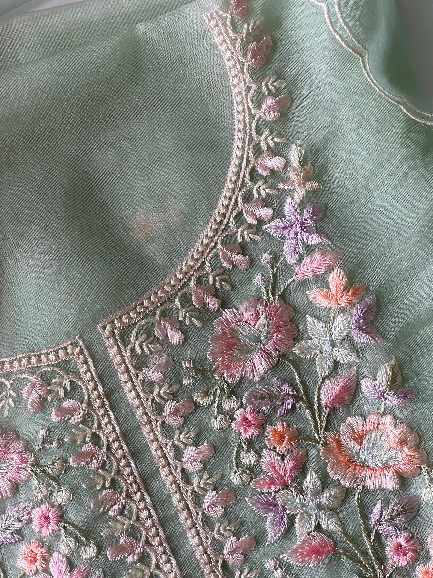 Green thread Embroidery unstitched suit