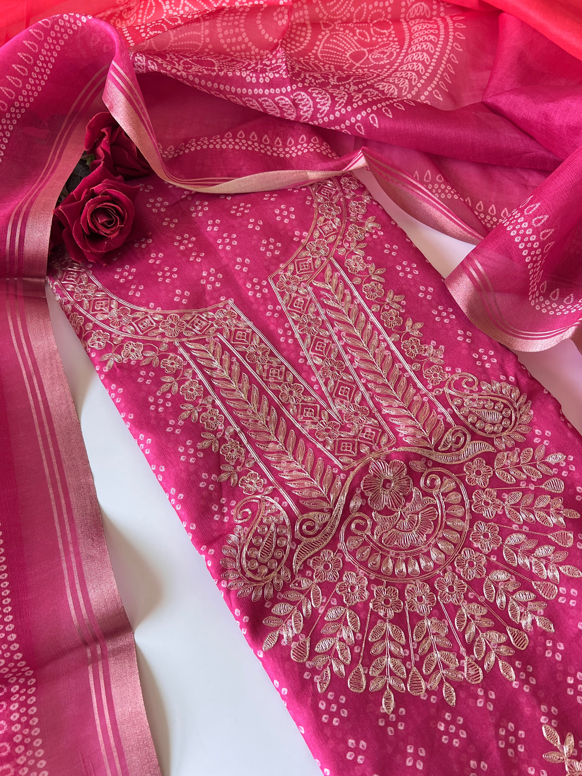 Pink soft Organza crepe with Pitta work and bandej