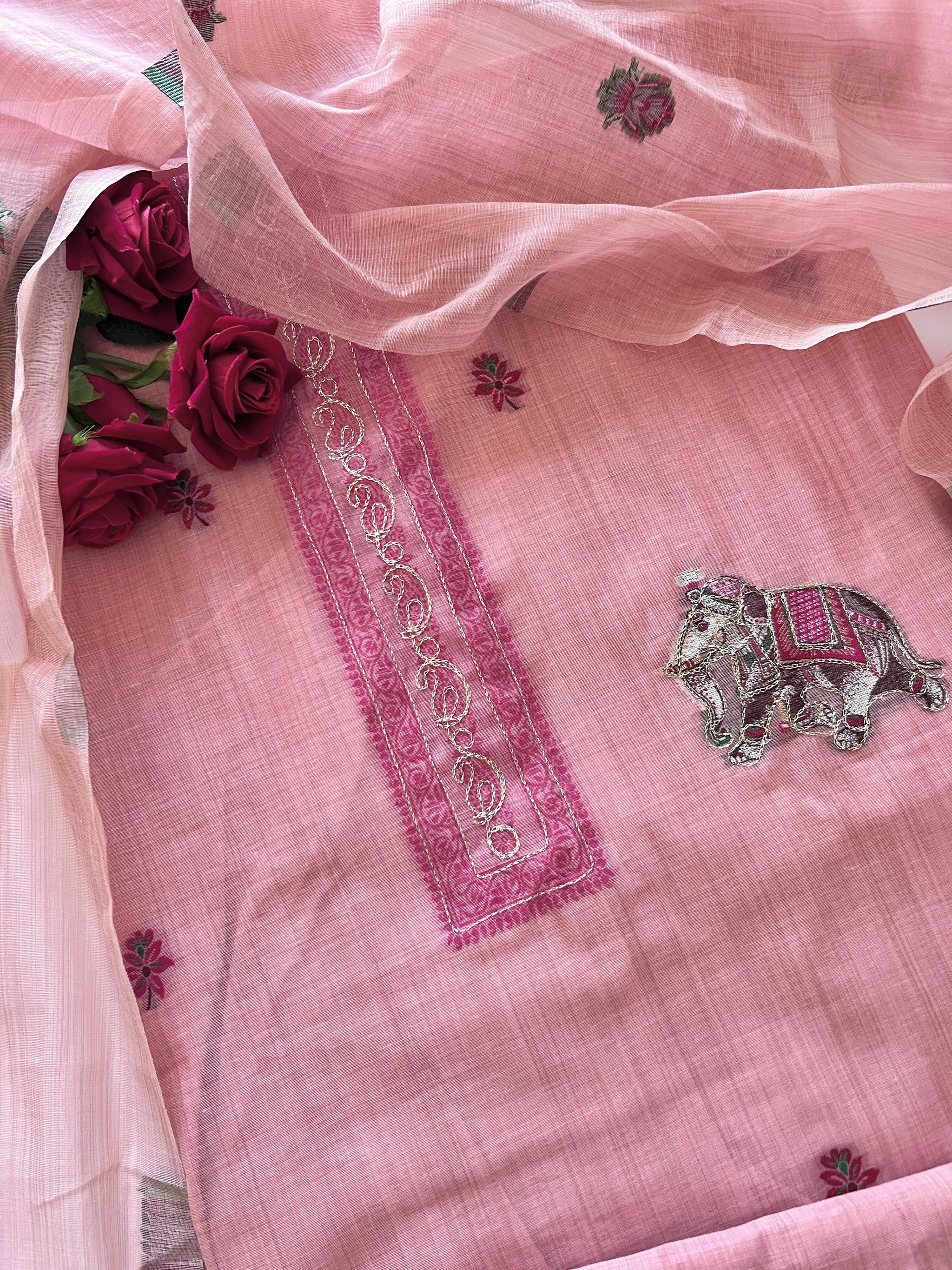 Pink Cotton Jamdani work dress material unstitched Suit set